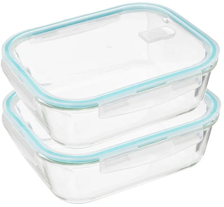 5Five Vershoudbakje met deksel - 2x - glas - luchtdicht - met clips - 26 x 21 x 8 cm - 2260 ml