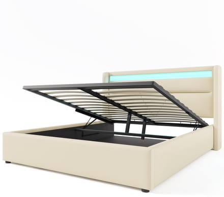 COVREO Bedframe 160x200 cm - wit PU, LED en opbergruimte, zonder matras