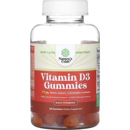 Nature's Craft, Gummies à la vitamine D3, pêche, mangue, fraise, 2 000 UI (50 mcg), 120 bonbons gélifiés (1 000 UI (25mcg) par bonbon)