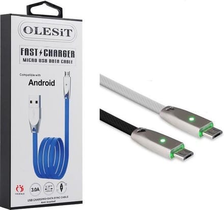 OLESiT Noodle TPE Micro-USB Kabel – 3A Snellaadkabel met LED – Nylon Oplaadkabel en Datakabel - Zwart