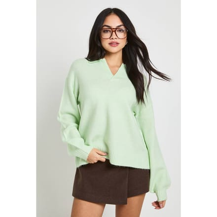 boohoo Dames Super Zachte V-Hals Gebreide Trui met Kraag | Sage | Maat: Medium