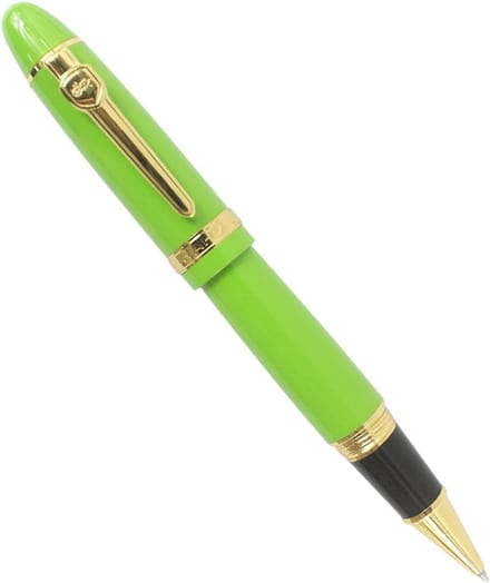 Zware rollerbalpen met gouden rand, zwarte inkt (0.7mm) en elegante groene afwerking