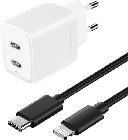 Lange snellader 2 poorten geschikt voor Lightning (iPhone 14/13/12) - 45w Snellader - Usb-C Power Adapter - 1 Meter