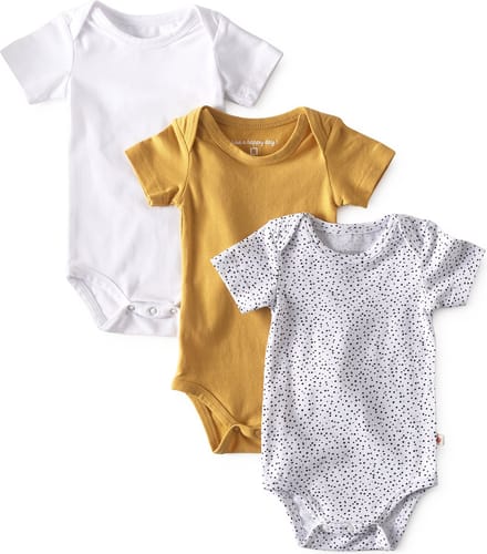 Little Label - romper korte mouw 3-pack - yellow white 68/6M - maat: 68 - bio-katoen