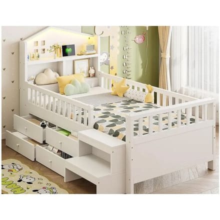 ModernLuxe Kinderbed 90x200 cm - met vier laden - met trede - met LED-verlichting - met USB + Type-C oplaadpoort - wit