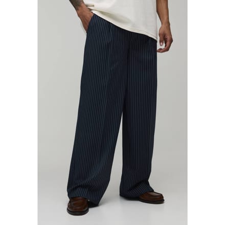 Baggy Fit Krijtstreep Plooifront Gesneden Pantalon | Navy | Size 36