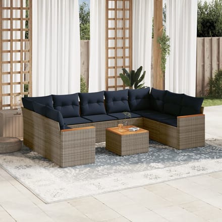 vidaXL - 10-delige - tuinbankset - met - kussens, - grijs - polyrotan