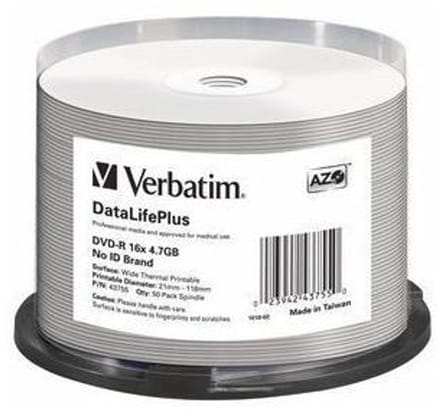Verbatim DVD-R4,7Gb thermisch-wit non-id, Cakebox van 50 stuks (43755)