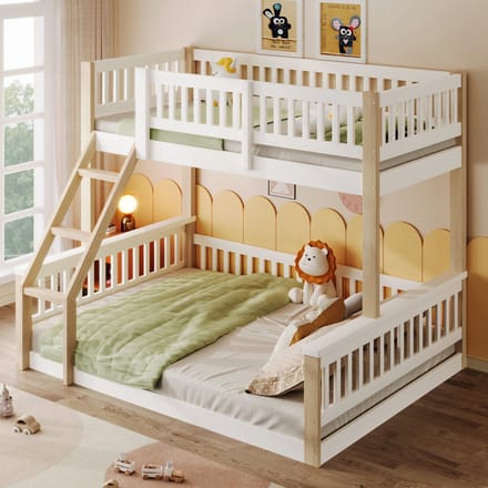MODFU – Stapelbed met Ladder – 90x200 & 140x200 cm – Valbeveiliging – Grenenhout – Wit & Naturel
