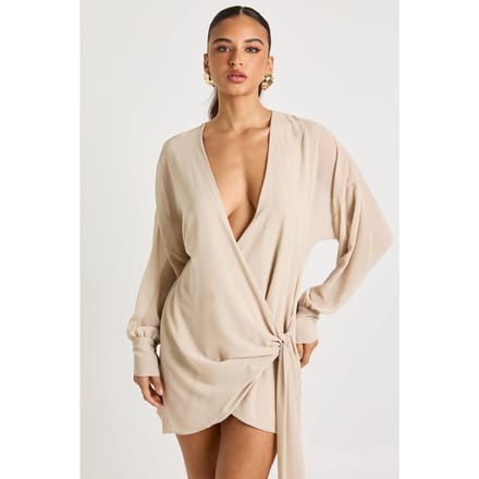 boohoo Dames Mini-jurk met lange mouwen en wikkelstijl | Stone | Maat: 8