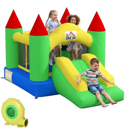 HOMCOM Springkussen met Glijbaan en Blower - Opblaasbaar Springkasteel - Bouncer voor Kinderen - Meerkleurig