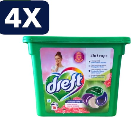 4 x Dreft - Wasmiddelcapsules 4in1 - Witte en Gekleurde Was - Vleugje Roze - 16 Wasbeurten