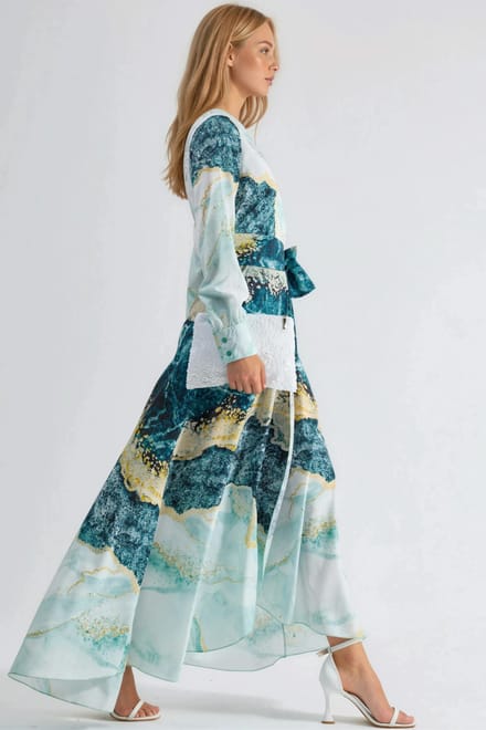 Abstracte Afdruk Lange Mouwen Maxi Jurk met Strikdetail