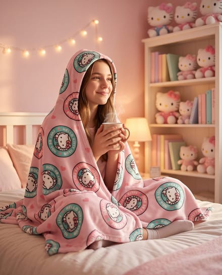Hello Kitty fleece plaid met capuchon 120 x 150 cm - polyester