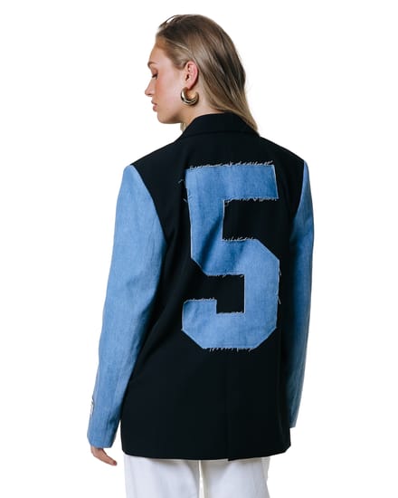 Colourful Rebel Mimmi Denim Contrast Sleeve Single Breasted Blazer