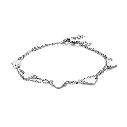 Twice As Nice Armband in edelstaal, dubbele ketting met 5 hartjes 19cm