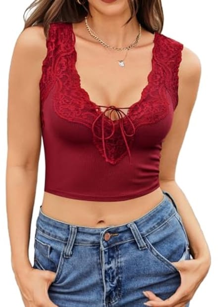 Dames Crop Top V-hals Mouwloos - Kant Patchwork - Rood - Maat M - Y2K Trendy Tie Front Blouse