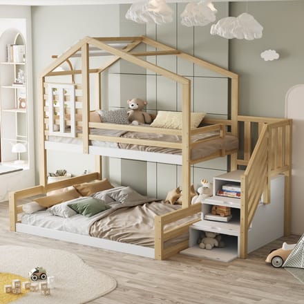 Sweiko Stapelbed 90*200 cm + 140*200 cm, huislijst, dennenhout, wit + natuurlijke