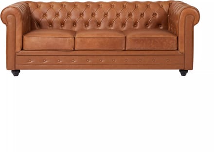 Vente-unique Driezitsbank van camelkleurig vaarsleer CHESTERFIELD