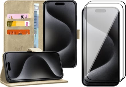 Hoesje geschikt voor iPhone 15 Pro - 2x Screen Protector FullGuard - Book Case Kunstleer Pasjeshouder Goud & Screenprotector