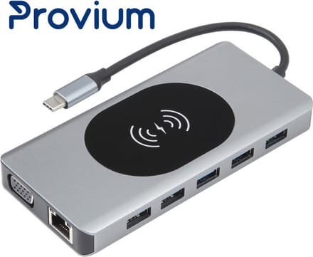 USB-C Hub - 14 in 1 - Multi USB-C Docking Station adapter splitter met draadloos opladen - VGA - HDMI - AUX - USB 3.0 - Ethernet - Grijs - Provium