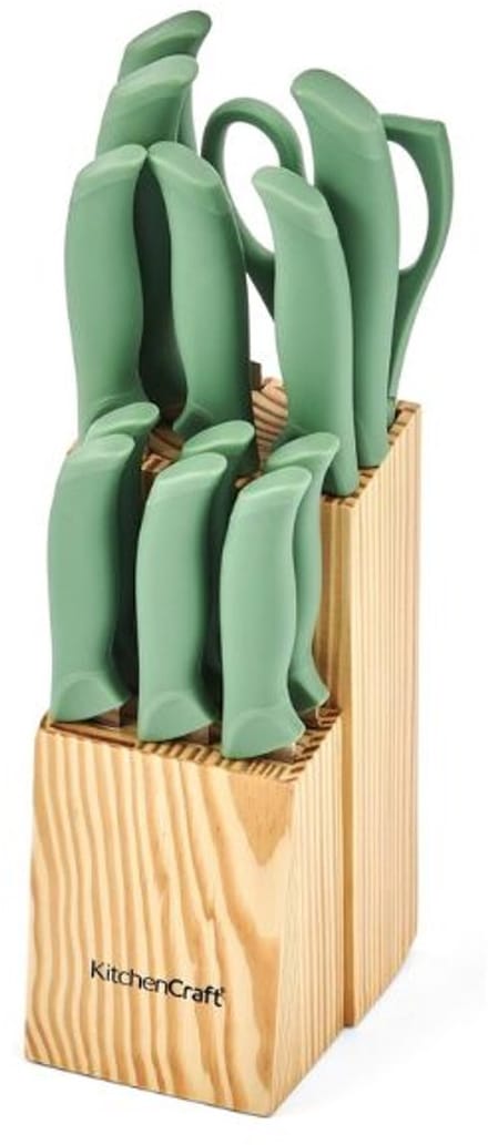 KitchenCraft Knife Block Set | 7 Knives | 6 Steak Knives | Shears | Green