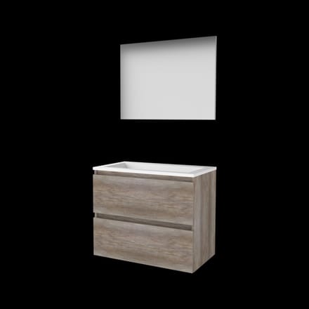 Basic-Line Basic 46 Badkamermeubelset - 80 x 46 cm - Greeploos - 2 Lades - Acryl Wastafel - Zonder Kraangat - Spiegel - Scotch Oak
