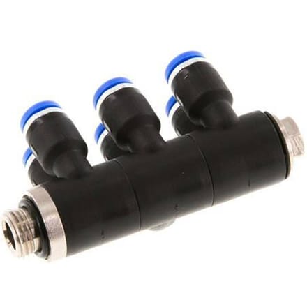 4mm x G1/8'' 6-way Manifold Messing/PA 66 Insteekfitting Buitendraad Draaibaar NBR