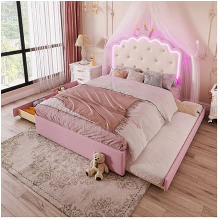 Stapelbed - MUVOE - 140 x 200 cm - Roze - 2 lades - Verstelbare LED roze