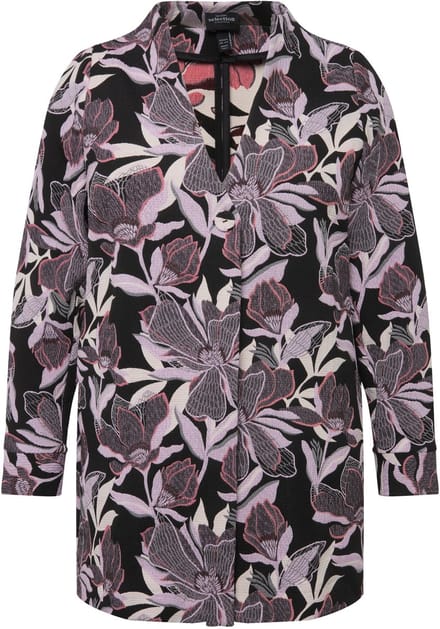Ulla Popken - Dames - Jacquard jas bloemen goblet kraag - Zwart - Maat 54+