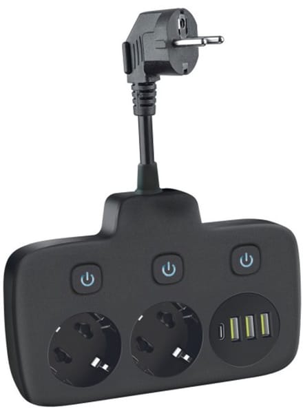 Kobi Verlengsnoer - 2 stopcontacten + 3x USB-A & 1x USB-C - 0.2 meter - zwart