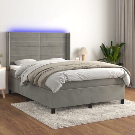 vidaXL - Boxspring - met - matras - en - LED - fluweel - lichtgrijs - 140x190 - cm