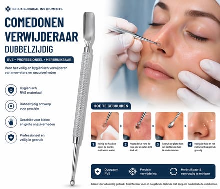 Belux Surgical Instruments – Comedonenverwijderaar Dubbelzijdig – RVS – Mee-eter Verwijderaar – Professionele Acne Tool