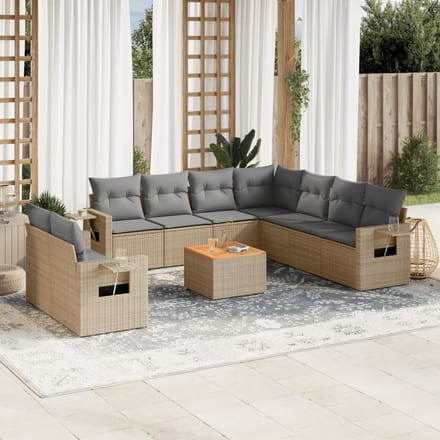 vidaXL 10-delige Loungeset met kussens poly rattan beige