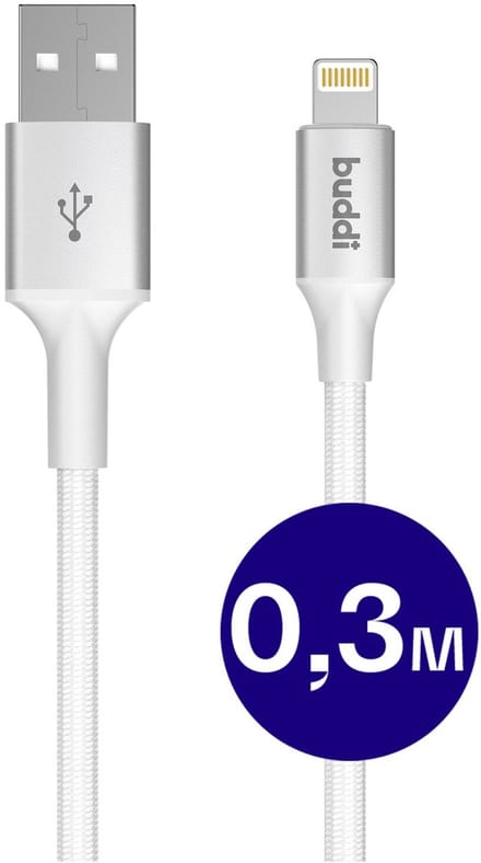 Buddi Flex | USB-A naar Lightning Kabel 12W Fast Charge | 480Mbps Dataoverdracht | Gevlochten Nylon | 0,3M Wit