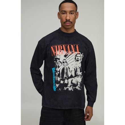 Gewassen Oversized Nirvana Tour Licentie Print Long Sleeve T-shirt | Washed Black | Size Medium