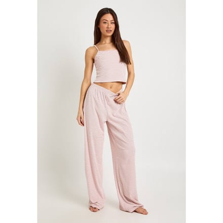 boohoo Dames Lange Zachte Geribbelde Gestreepte Hemdtop & Pyjamabroek Set | Baby Roze | Maat: 46