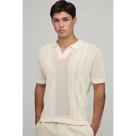 Boxy Fit V Neck Open Rib Knitted Polo T-Shirt | Ecru | Size Medium