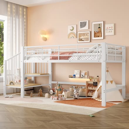 Halfhoogslaper 90x200 cm - Opbergtrap - Ruimtebesparend Ontwerp - Metaal - Wit