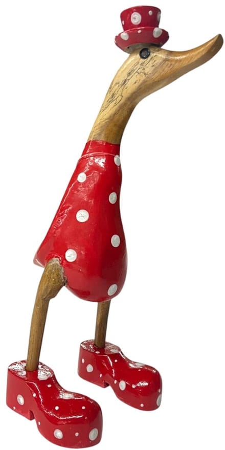 Handgemaakte Houten Eend “Polkadot” Rood – Decoratieve Indonesische Eend met Stippen (H27 × B9,5 cm)