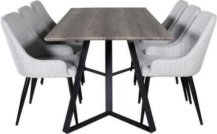 MarinaGRBL eethoek eetkamertafel el hout decor grijs en 6 Plaza eetkamerstal lichtgrijs, zwart.