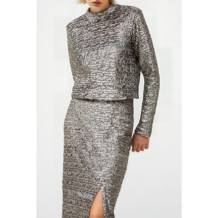 French Connection Adalynn Sequin Top Gun Metal Größe: 6 | Blusen Outlet | Damen