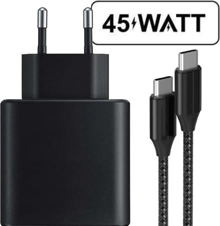 Usb-C Oplaadstekker + Nylon usb-C naar usb-C Oplader - 45w - Super Fast Charging - Universele Thuislader - Usb-C - Adapter voor S24,S23,Note,S22, S21, S20, Tablet S7, Tablet S8
