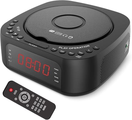 Fockety Alarm clock with CD player and remote control, Bluetooth alarm clock radio with speaker, FM radio, timer and LED display, boombox supports CD, Bluetooth, USB stick and AUX (EU plug)