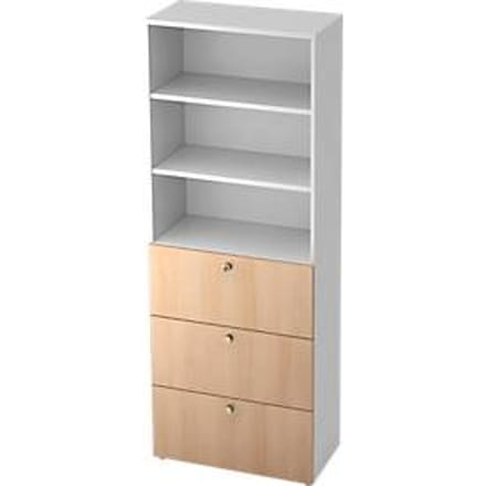 Combinatiekast TOPAS LINE, 6 dossierhoogtes, legbord en hangmappensysteem, decor wit/eiken