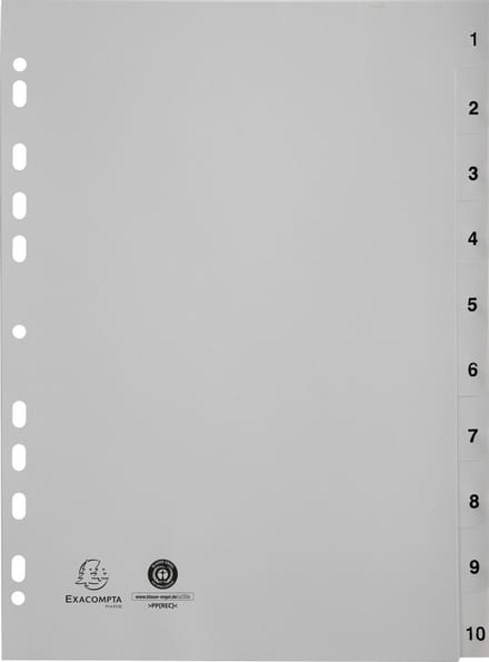 Exacompta 20x Tabbladen met bedrukte tabs in gerecycled PP - 10 tabs - 1 tot 10 - A4 - Grijs - 1710E