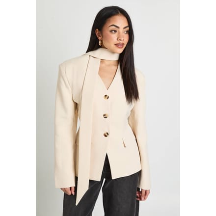 boohoo Dames Blazer Met Sjaalkraag En Getailleerde Taille | Ecru | Maat: 40