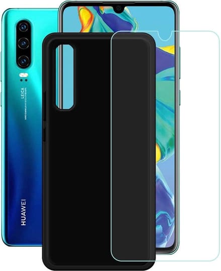 Silicone hoesje zwart met 2 Pack Tempered glas Screen Protector Geschikt voor : Huawei P30