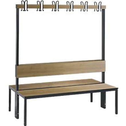 Garderobebank Basic Plus, 2-zijdig, rugleuning, zonder schoenenrek, pootstel zwart-grijs RAL 7021, B 1500 mm, decor eik Ser.
