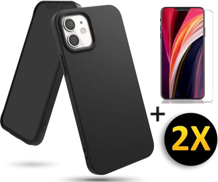 HB Hoesje Geschikt voor Apple iPhone 12 Mini - Zwart - Siliconen Back Cover 2X Glazen Screenprotector